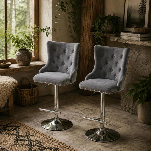 Wyld Haus Recoco Velvet Grey Adjustable Swivel Bar Stools Set Of 2 With Tufted Back And Nailhead Detail