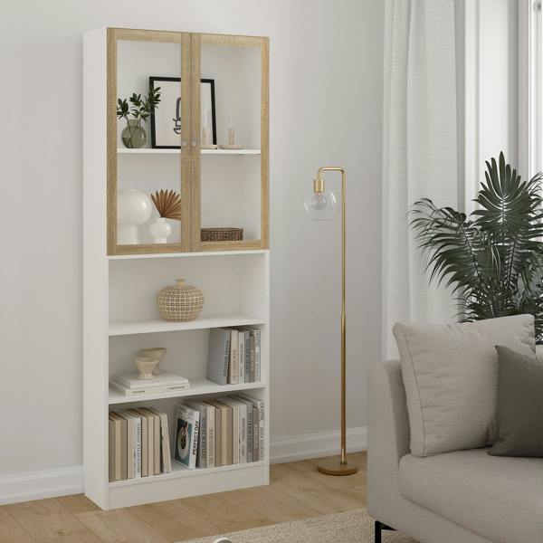 Furniture To Go Basic Tall Wide Display Cabinet in White (4 Shelves) with 2 Glass Oak Doors