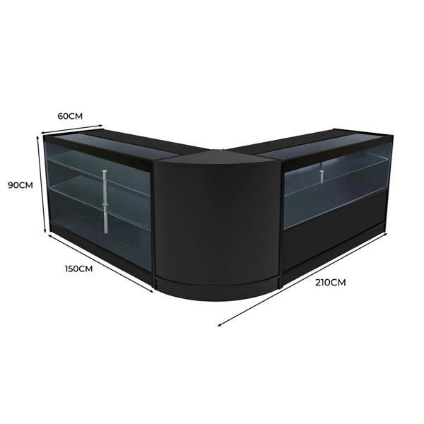 Hera LED Shop Counter Set in black, featuring sleek glass displays, curved design, and dimensions of 210cm x 150cm x 90cm
