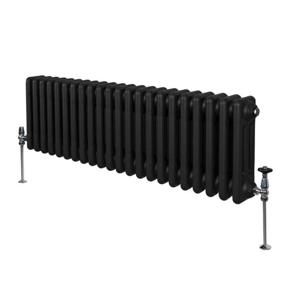 Traditional black 3 column radiator, 300 x 1012mm, featuring a sleek design with a smooth finish and sturdy legs for stability