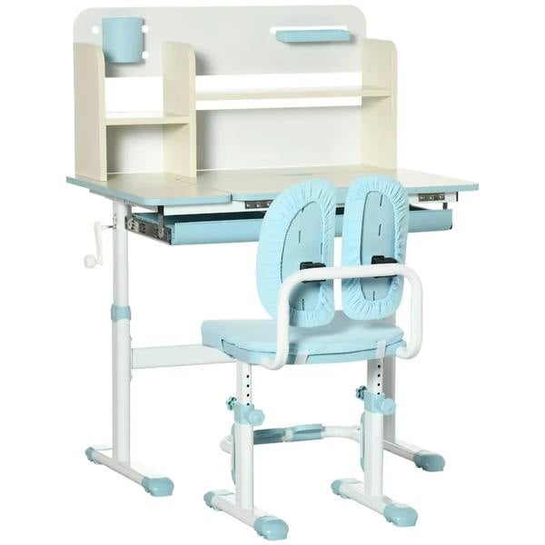 Kids desk and chair set with storage shelves and blue padded chair seat and backrest