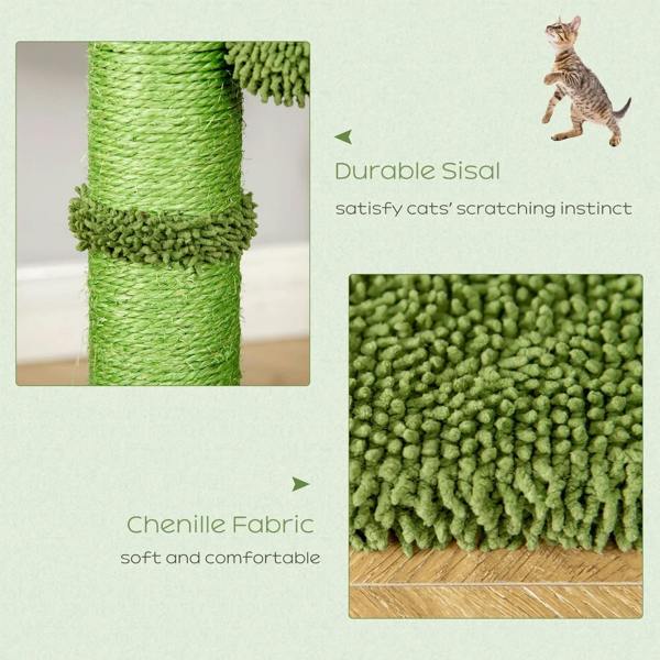 Green sisal scratching post and cactus tree texture with soft chenille hammock