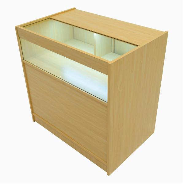Maple Iris LED shop counter set with a glass display top, sleek design, and illuminated interior for showcasing products
