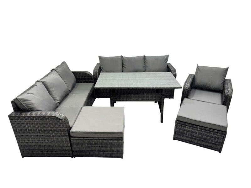 Fimous 9 Seat Outdoor Wicker PE Rattan Garden Furniture Set Dining Table Sofa Set with 2 Big Stool Dark Grey Mixed