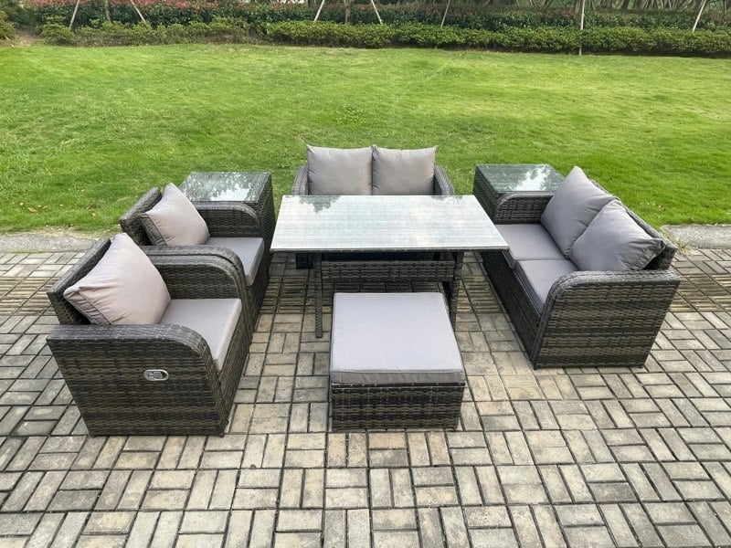 Fimous Rattan Outdoor Furniture Garden Dining Set Rectangular Table and Chair Sofa Set With 2 Side Tables Big Footstool Dark Grey Mixed
