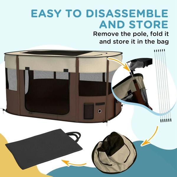 Brown foldable dog pen with detachable pole and storage bag for transport