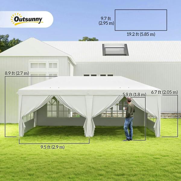 White pop-up gazebo tent with sidewalls and front valance over outdoor tables
