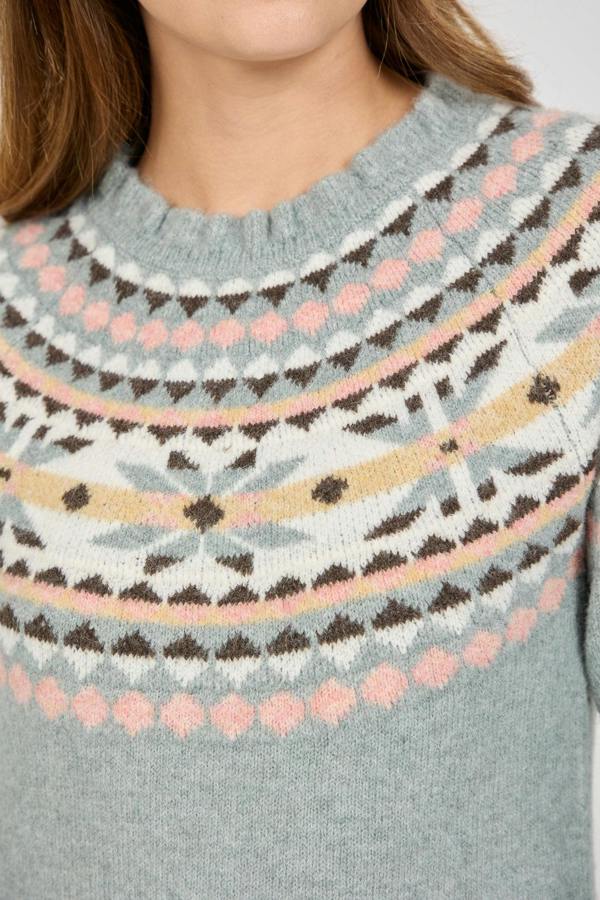 Mudflower Fair Isle Yoke Crew Neck Frill Knit Jumper