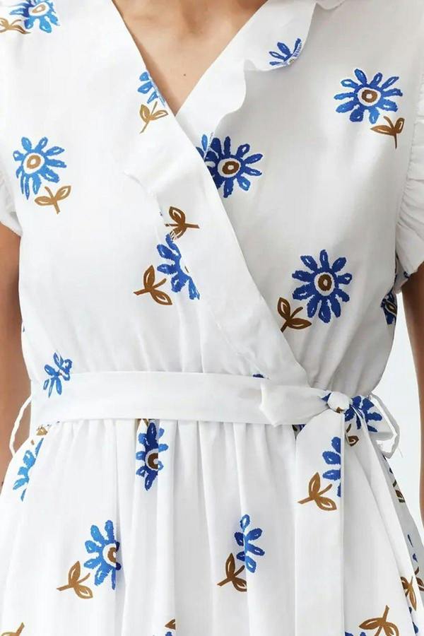 WOVCOR Belted A-line Wrap Neckline Lined Midi Woven Dress