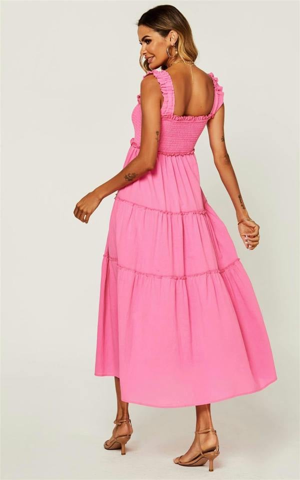 FS Collection Hem Detail Tiered Maxi Dress In Fuchsia Pink