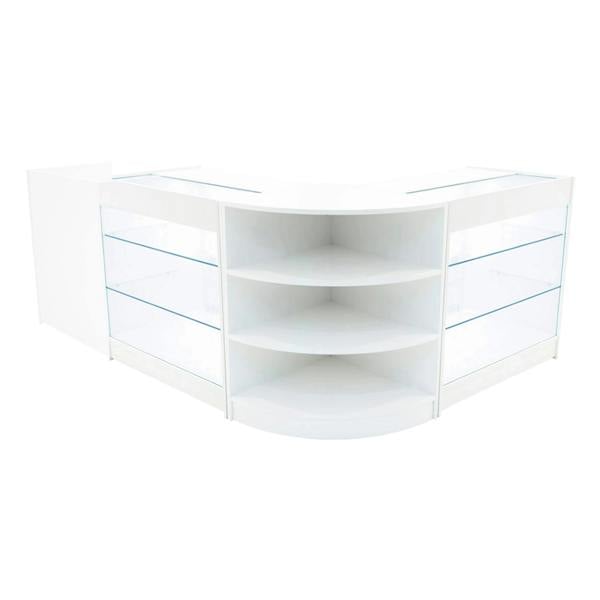 Curved white LED shop counter set with glass display shelves, featuring sleek design and modern aesthetic for retail spaces