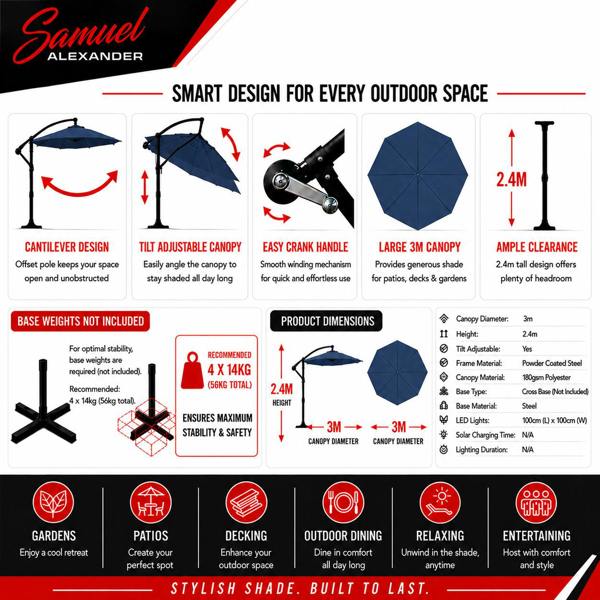 Samuel Alexander 3m Cantilever Parasol in Blue with Crank Handle - Patio Garden Banana Parasol with UV Protection Outdoor Umbrella Sun Shades - Garden
