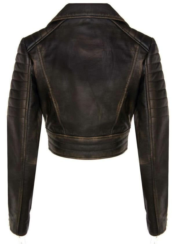 Womens Brando Cropped Leather Jacket-Longtown - Upperclass Fashions 