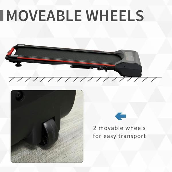 Foldable walking treadmill with moveable wheels for easy transport and red stripe detail
