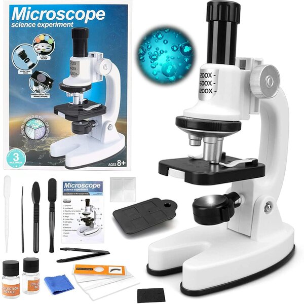 deAO Toys Kids Microscope Kit – Portable Beginner Science Set with LED Light, Phone Holder & 15 Accessories Educational STEM Gift for Ages 6+ - 3+