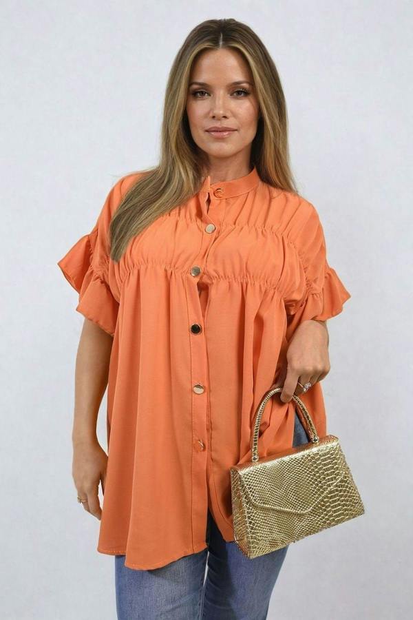 Rebecca Button Down Pleated Frill Tops - Orange