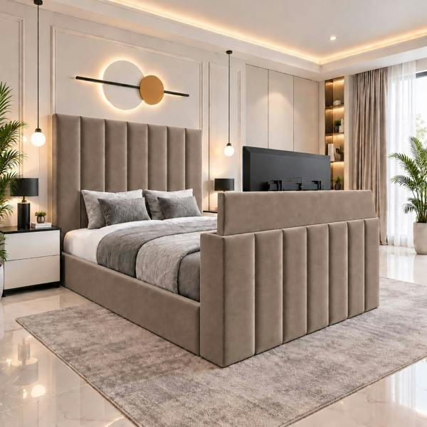 Paradise Beds Velmora Luxury Upholstered TV Bed with Tall Panel Headboard