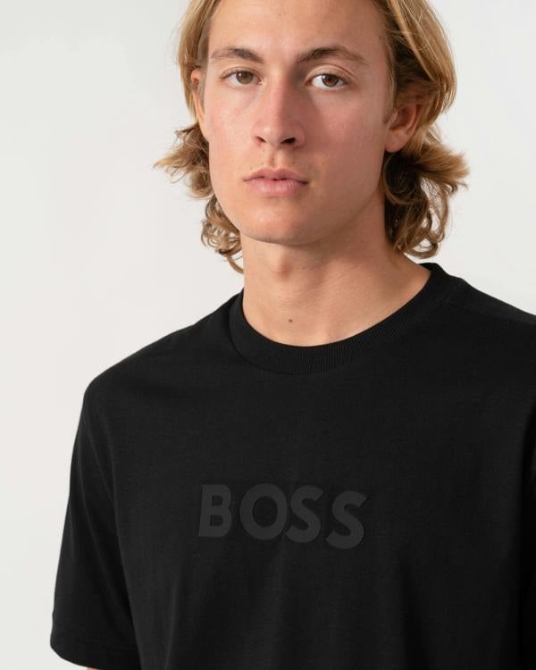 Logo on the BOSS Green Mens Relaxed-fit T-Shirt in stretch cotton with tonal logo - Black 001