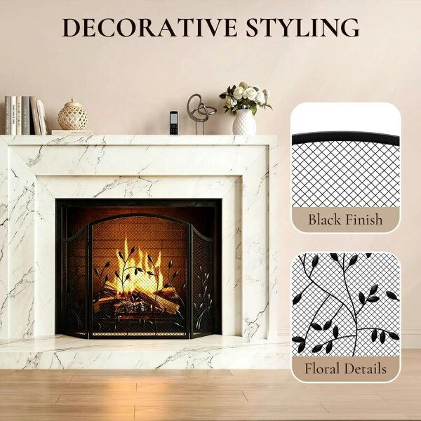 Floral 3-Panel Folding Fireplace Screen for Hearth Protection, Heat-Resistant Metal Fire Spark Guard, Black