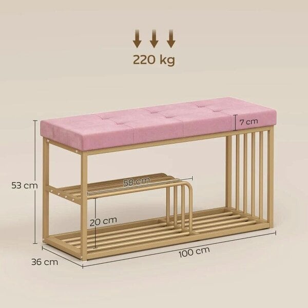 Bench and Shoe Storage, Tufted Shoe Storage Bench with Velvet Seat Cushion Gold Steel Frame for Entryway, Pink