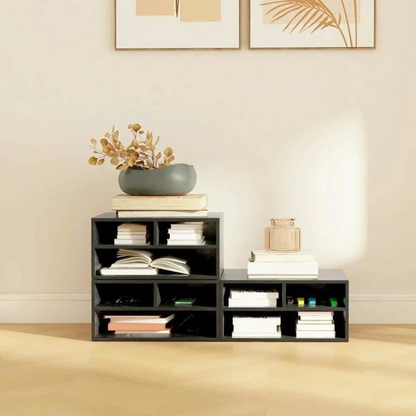 Black three-compartment printer storage cabinet with open cubbies for books and papers