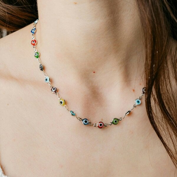The Colourful Aura Silver Evil Eye Protection Nazaria Greek Mal De Ojo Adjustable Choker Necklace