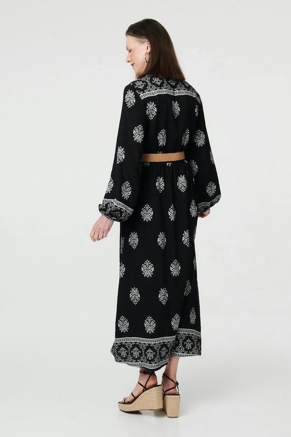 Black | Border Print Belt Waist Maxi Dress