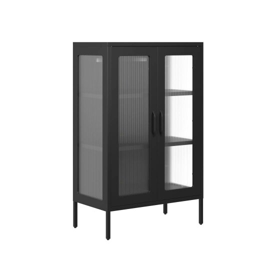 Wyld Haus Barla Black Steel Metal 2 Reeded Glass Door Cabinet