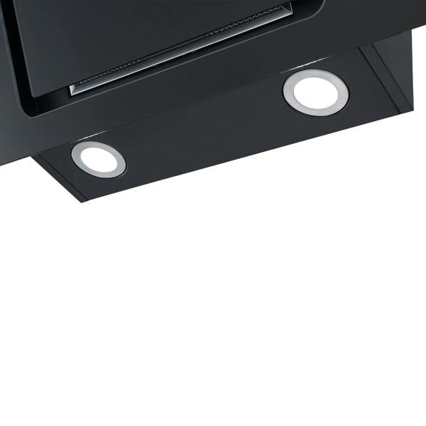 Close-up of the underside of the Igenix 60CM Chimney Cooker Hood in black, featuring two built-in circular lights against a white background.