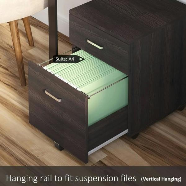 Rolling filing cabinet with two drawers; upper drawer open for hanging A4 documents on rail