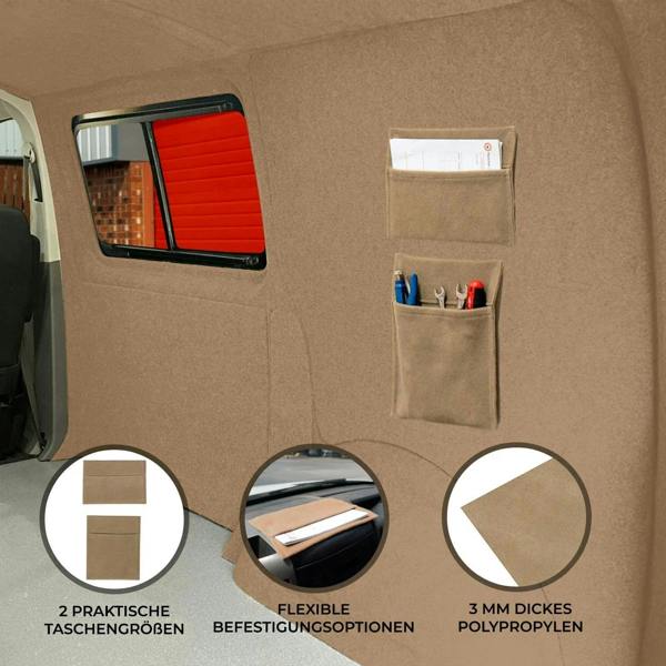 Beige storage pouches made of 3mm thick polypropylene, featuring multiple pockets for organization, ideal for vehicle interiors