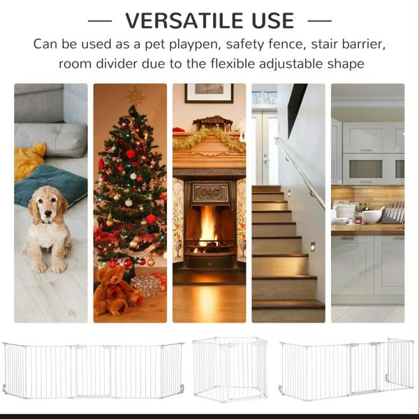 White metal pet playpen panels shown as a flexible indoor barrier with gate