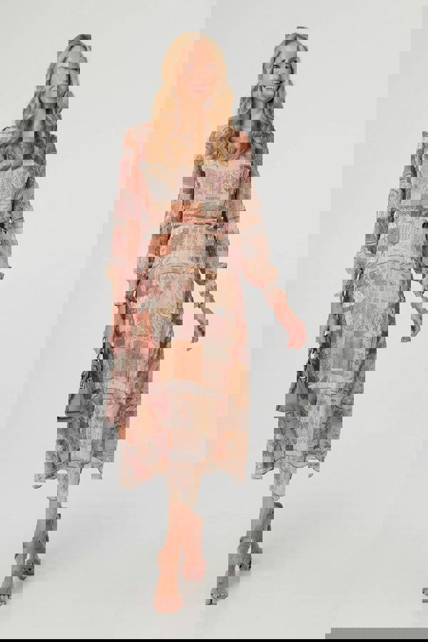 Rust | Patchwork Tie Long Sleeve Maxi Dress
