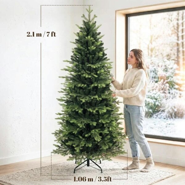 Bobobiy Geneva Fir Hinged Xmas Tree, 7ft/210cm Artificial Christmas Tree with 2079 Branch Tips, Foldable Steel Stand, Green