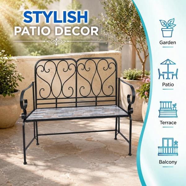 Oasis Mosaic 2 Seater Garden Bench, 112cm Outdoor Patio Seat with Ceramic Tile Seat, Scrollwork Backrest & Metal Frame image 7