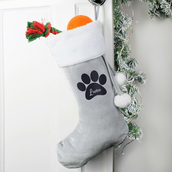 Personalised Memento Company Personalised Paw Print Silver Grey Stocking