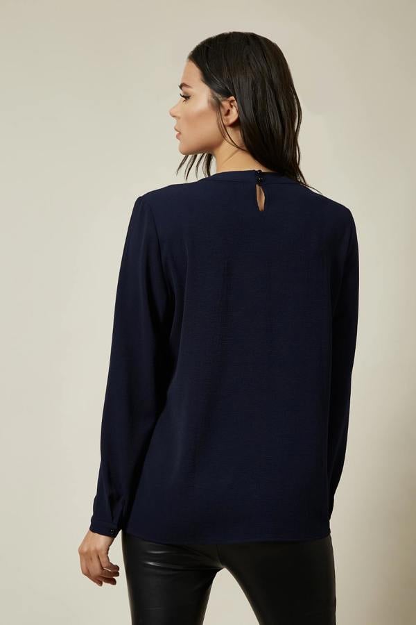 Hoxton Gal Oversized Top Ruffle Front Relaxed Fit Blouse In Navy