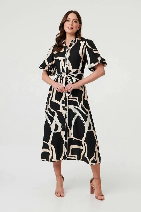 Black | Geo Print Puff Sleeve Tie Midi Dress