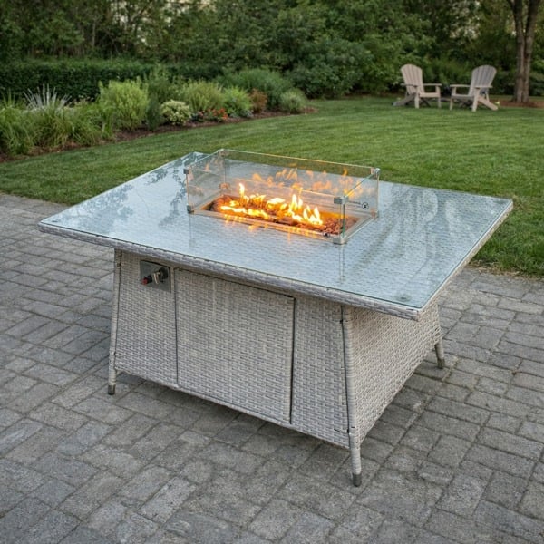 Fimous Rattan Gas Fire Pit Dining Table - Light Grey