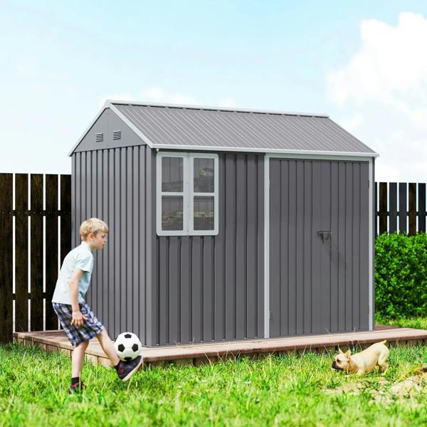 Grey metal garden shed with window panel and double doors on a raised base.