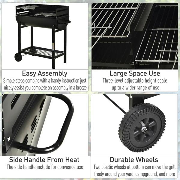 Black charcoal BBQ grill with side handle, two cooking grates, and adjustable height design