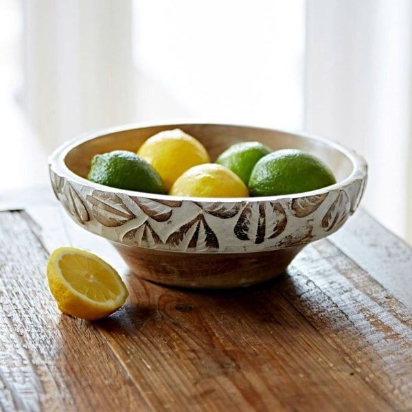 Paper High Antique White Leaf Design Mango Wood Bowl