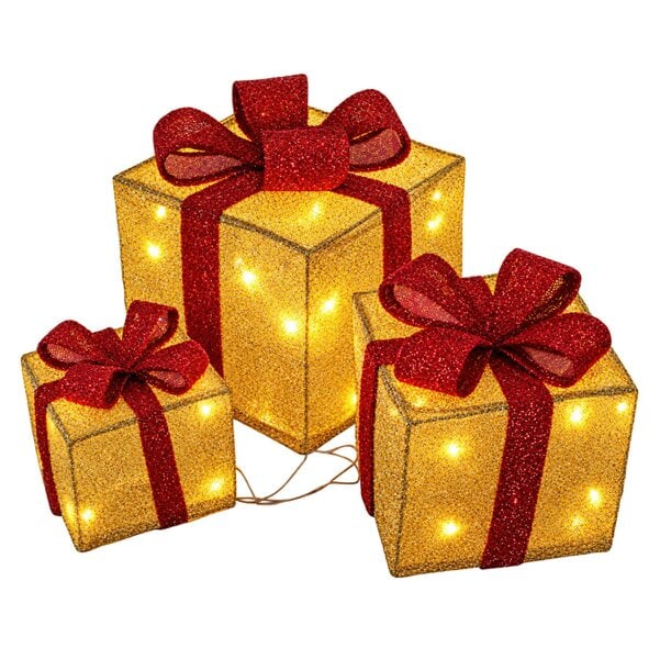 Light Up Christmas Parcels with 35 White LEDs - Set of 3, Gold and Red