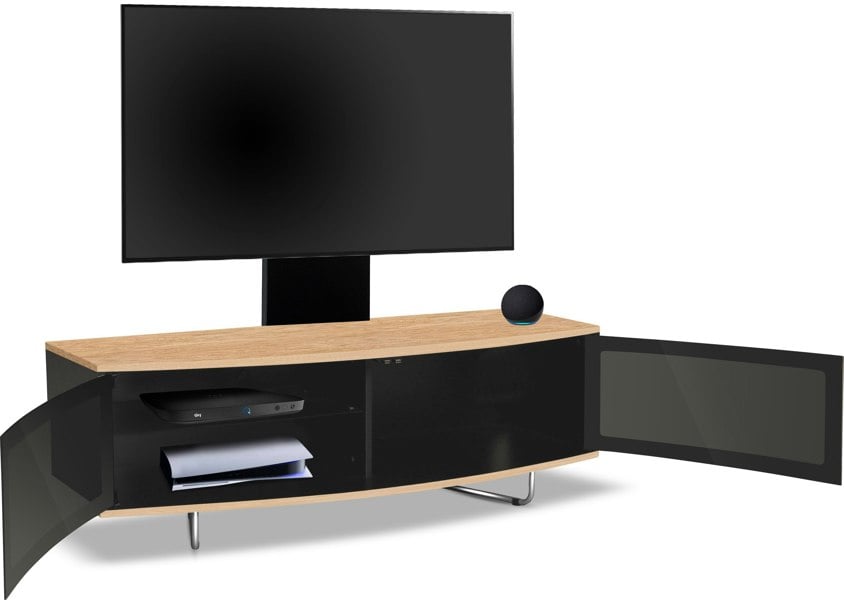 Centurion Supports Caru Black Oak Beam-Thru Remote Friendly Super-Contemporary D Shape Design 32"-65" LED/OLED/LCD TV Cabinet with Mounting Arm