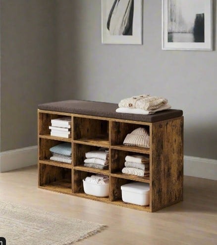 Modcraft Storage Shoe Bench with Padded Seat and Cushion, 9 Compartments with Adjustable Shelves