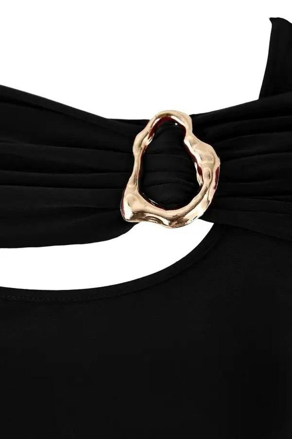 WOVCOR Body-Fitting Stretch Knit Blouse with Accessory and Cut Out Details
