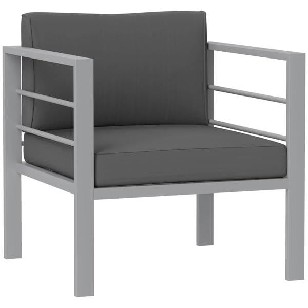 Charcoal grey outdoor single sofa with metal frame and thick removable seat cushions