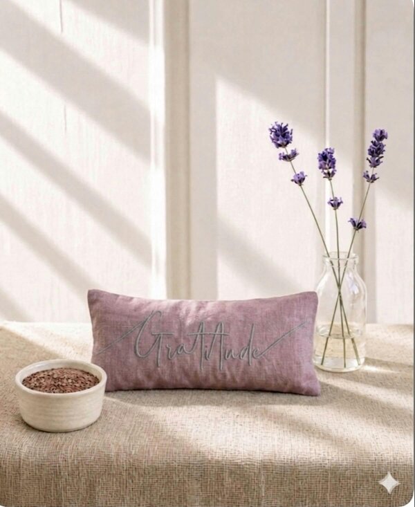 Gratitude Embroidered Linen and Lavender Eye Pillow - Pink - Lavender