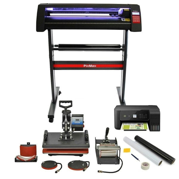 Vinyl cutter with LED display, 5-in-1 heat press, printer, sign-making tools, and weeding kit, all in black and red colors