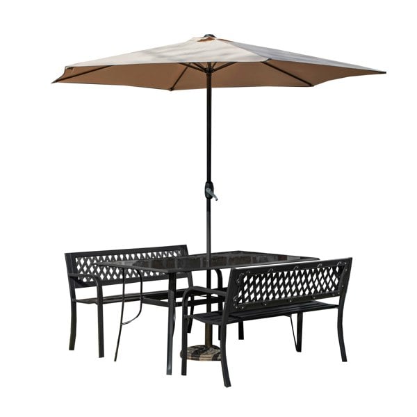 Samuel Alexander Outdoor 4 Person Rectangular Glass Top Garden Dining Table Benches With Beige Havana Parasol and Base Set